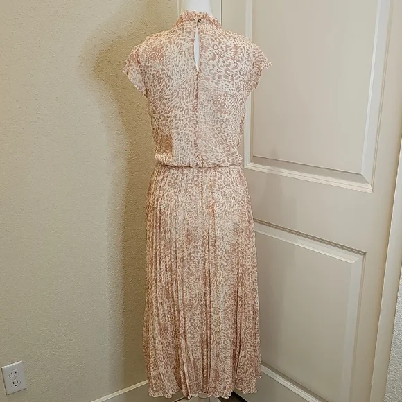 Oasis Peach Cream Patterned Flutter Sleeve Pleated Skirt Midi Spring Dress Sz 12 - Picture 6 of 9